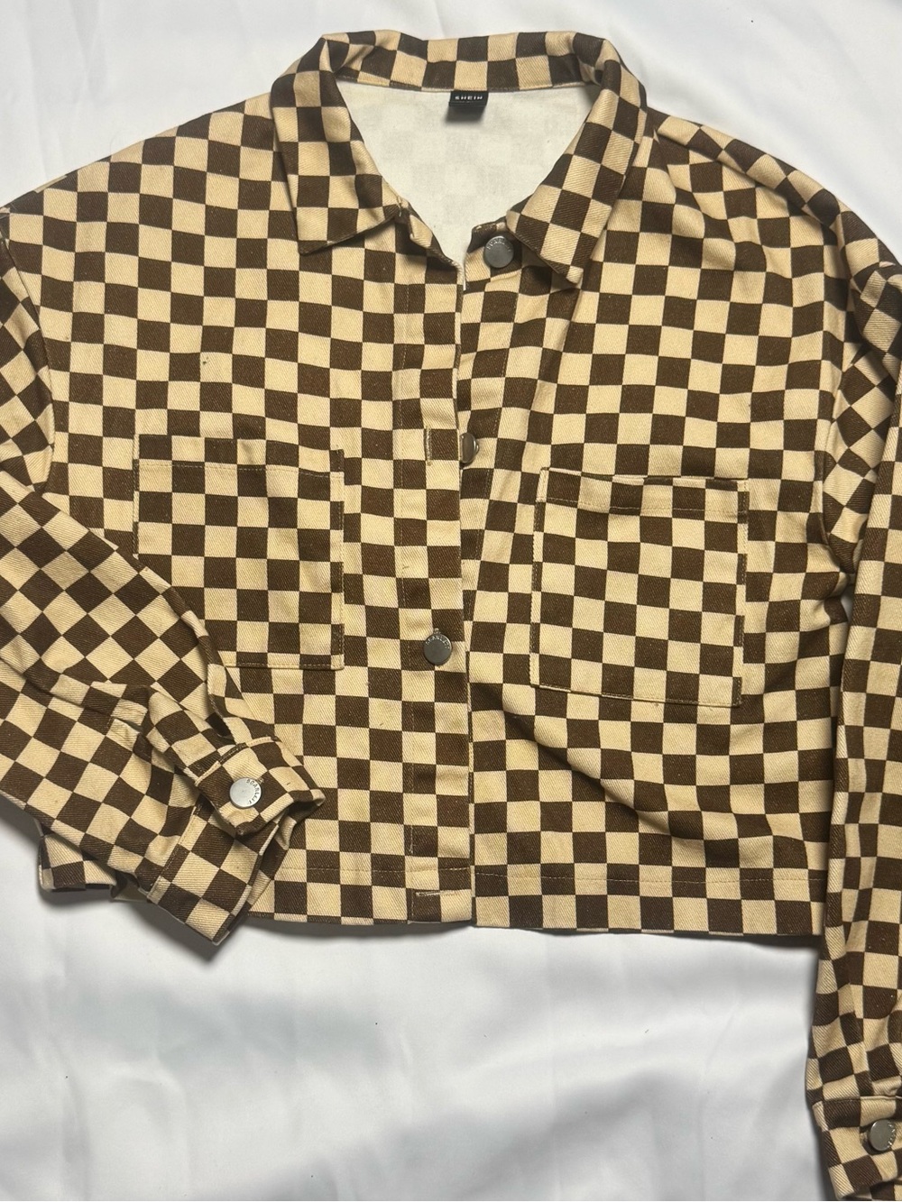 SHEIN Brown & Cream Checkerboard Cropped Jean Jacket
